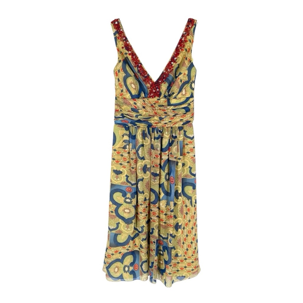 Kay Unger Silk Dress Womens Size 2 Colorful Art Deco Pattern Beaded V-Neck